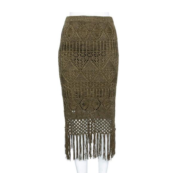 Polo Ralph Lauren Fringe Midi Skirt Linen Olive Crochet Tassle Boho Knit M $698 - Picture 1 of 6